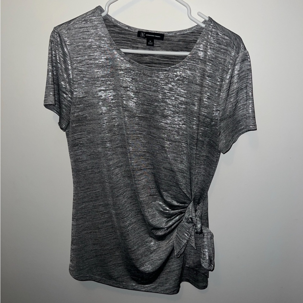 INC International Concepts Gray Metallic Side-Tie Top Size M